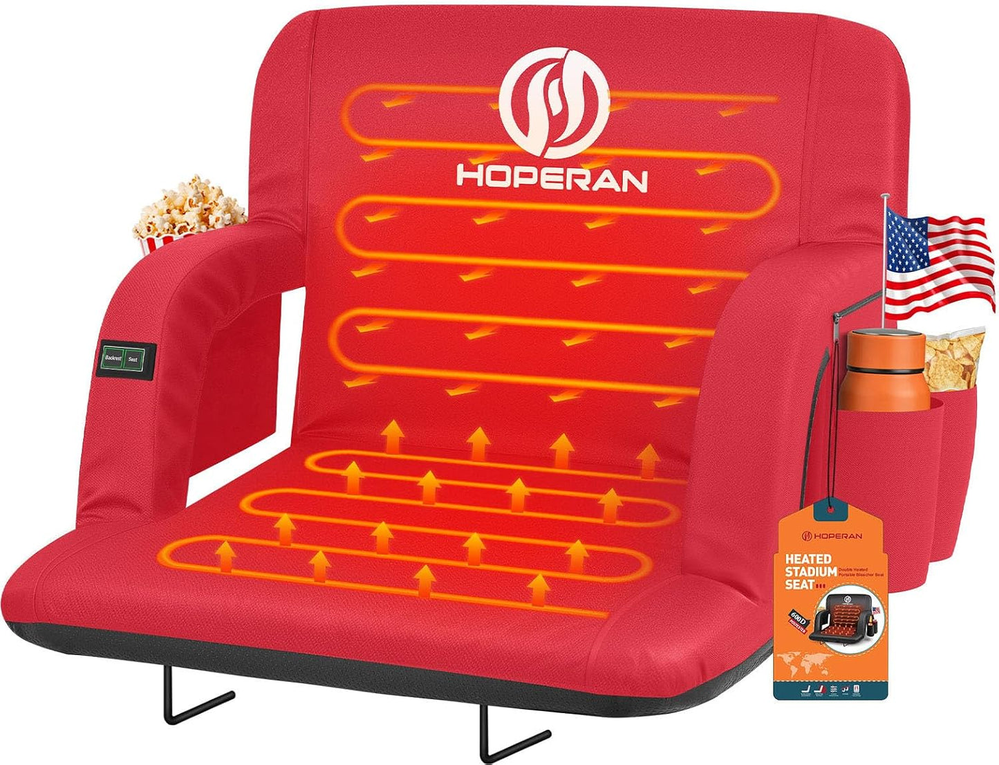 HOPERAN Heated Stadium Seats with Back Support, Dual Control, 1-Pack | Independent Seat & Back 3 Level Heat (NO Battery), Soft Cushion, 6 Recliner, Anti-Slip, Side Pockets, Backpack Straps