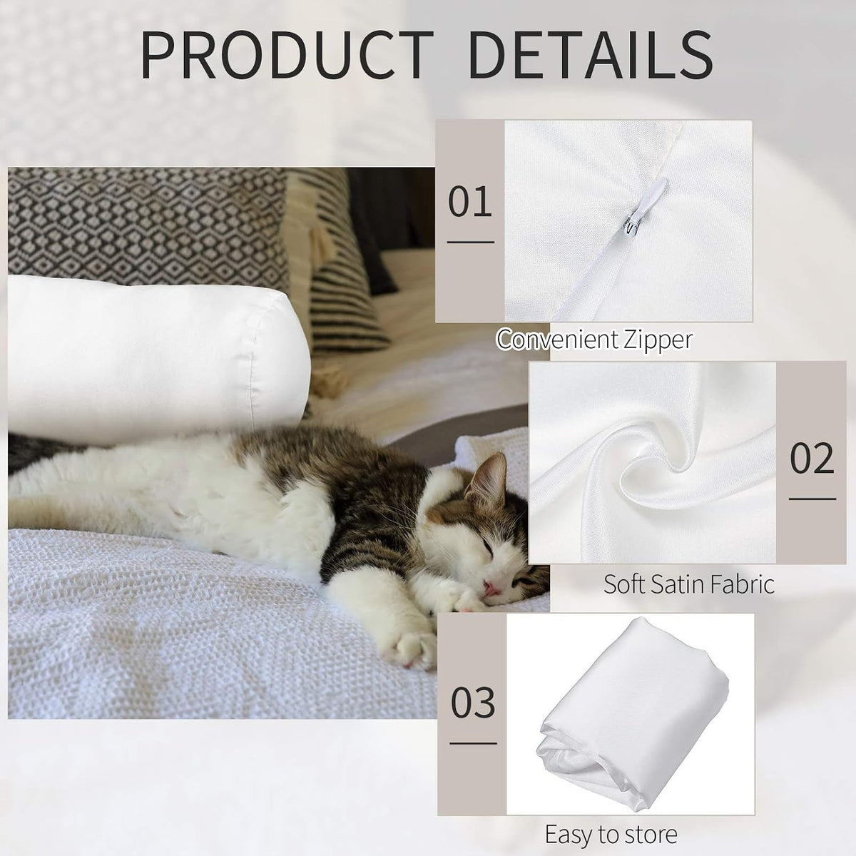 Tatuo 2 Pieces White Cervical Round Pillow Cover for Neck Roll Pillow Cervical Neck Roll Memory Cylinder Round Cushion(Artificial Silk,13 x 5 Inch)
