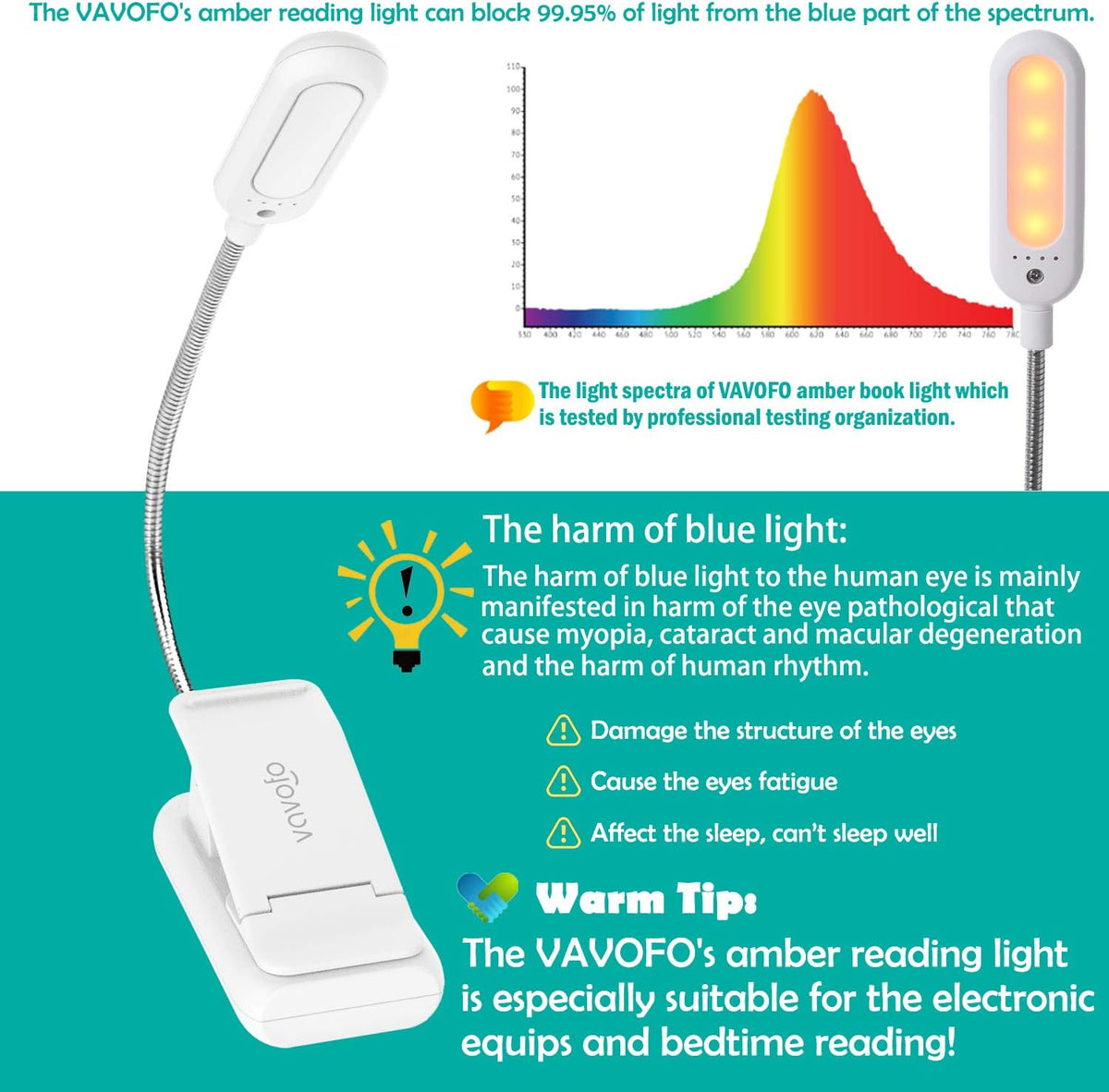 VAVOFO Rechargeable Book Light, Blue Light Blocking, Amber 1600K Clip On Reading Light, Eye Care 7 LEDs Kids Book Light for Reading in Bed with Power Indicator for Bookworms (Neon Orange)