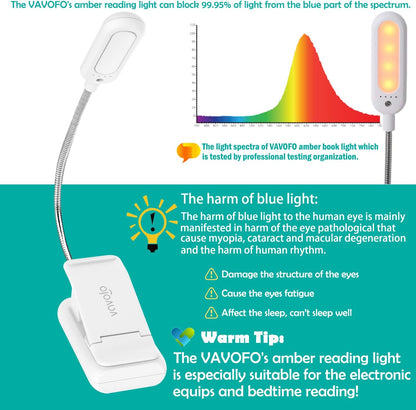 VAVOFO Rechargeable Book Light, Blue Light Blocking, Amber 1600K Clip On Reading Light, Eye Care 7 LEDs Kids Book Light for Reading in Bed with Power Indicator for Bookworms (Neon Orange)
