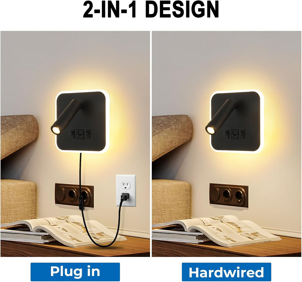Wall Sconce Plug in with Wall Mounted Reading Lights,Modern Wall Lamp for Bedroom with Charging Station USB C+A Ports,Headboard Bedside Lamps with 3W+9W Night Light,3 Color Temperature