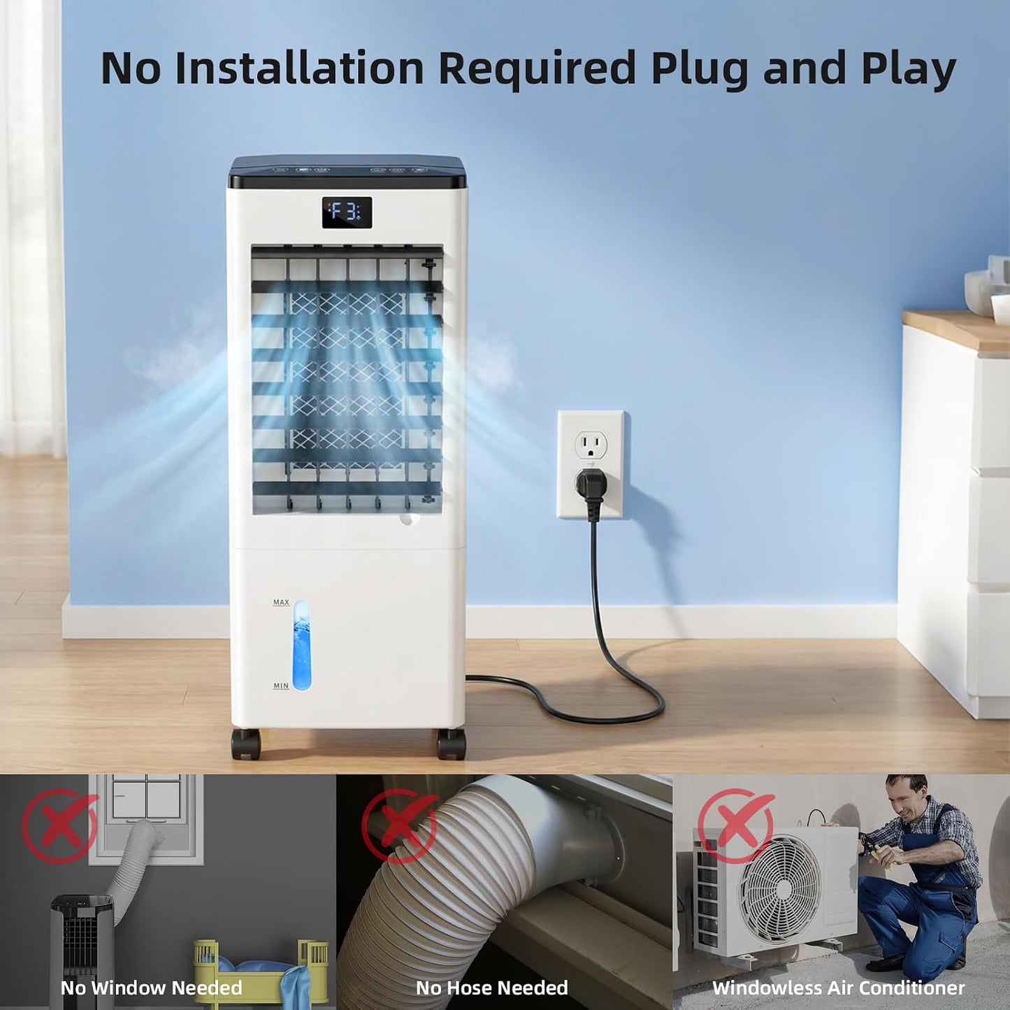 Portable Air Conditioners, Evaporative Air Cooler with Remote & LED Display, 120° Oscillation, 12H Timer, 3 Speeds & 4 Modes, 60W Energy-Efficient, Windowless Swamp Cooler for Bedroom Office Garage