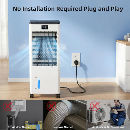 Portable Air Conditioners, Evaporative Air Cooler with Remote & LED Display, 120° Oscillation, 12H Timer, 3 Speeds & 4 Modes, 60W Energy-Efficient, Windowless Swamp Cooler for Bedroom Office Garage