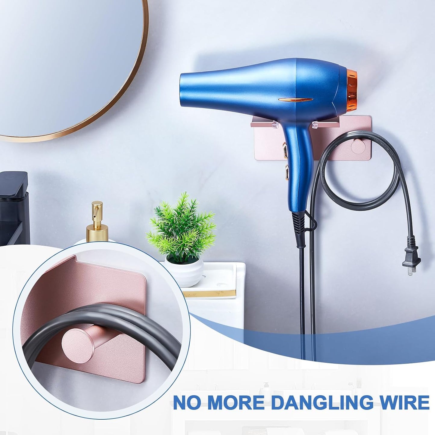 Hair Dryer Holder Wall Mounted, Blow Dryer Holder Adhesive, Metal Hairdryer Holder for Bathroom, Hair Tool Organizer with Plug&Cord for Cabinet Bathroom Bedroom Barber Shops (Rose Gold)