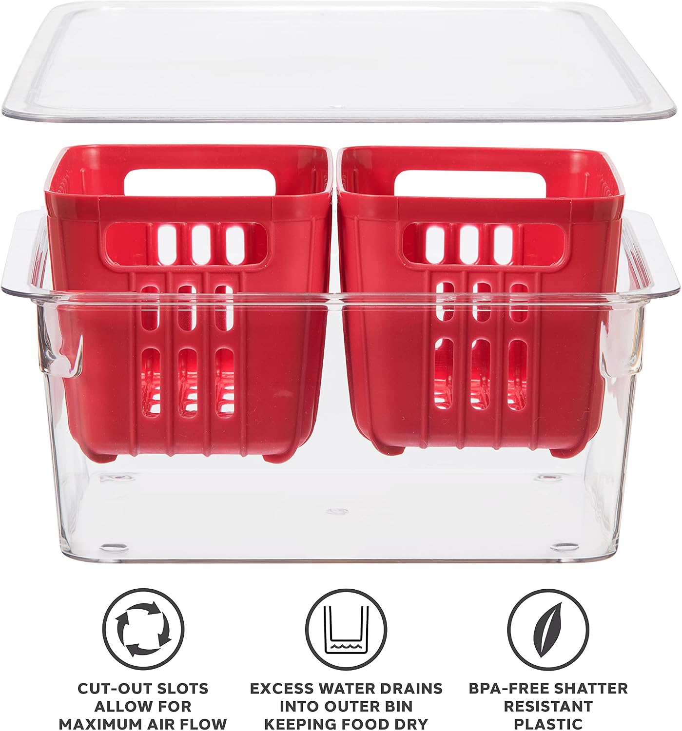 Oggi Berry Container for Fridge - Double Colander Basket - Ideal Berry Containers for Fridge, Includes Berry Colander Insert (8.75" x 6.75" x 3.75"), Red
