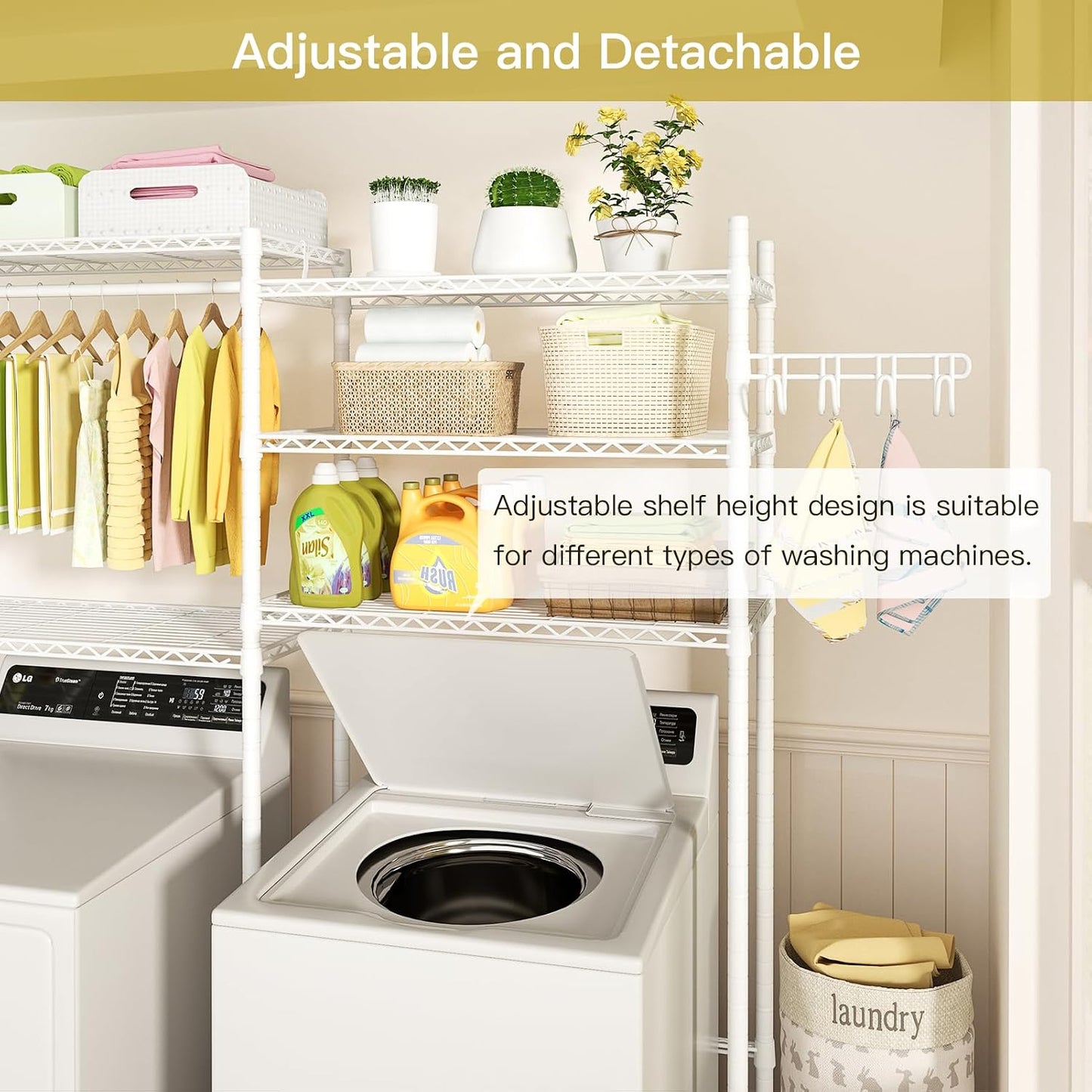 U5 Over the Washer and Dryer Storage Shelf, Laundry Room Space Saver | Bathroom Storage and Organizer Rack for Hanging Towel and Drying Clothes with 5 Wire Shelves, Black