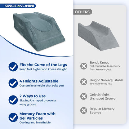KingPavonini 4-Height Adjustable Leg Elevation Pillows for After Surgery | Soft Yet Supportive Memory Foam, Fits Various Heights, Relieve Pain & Swelling, 4 Handles & Insert Pad, Washable Velvet Cover