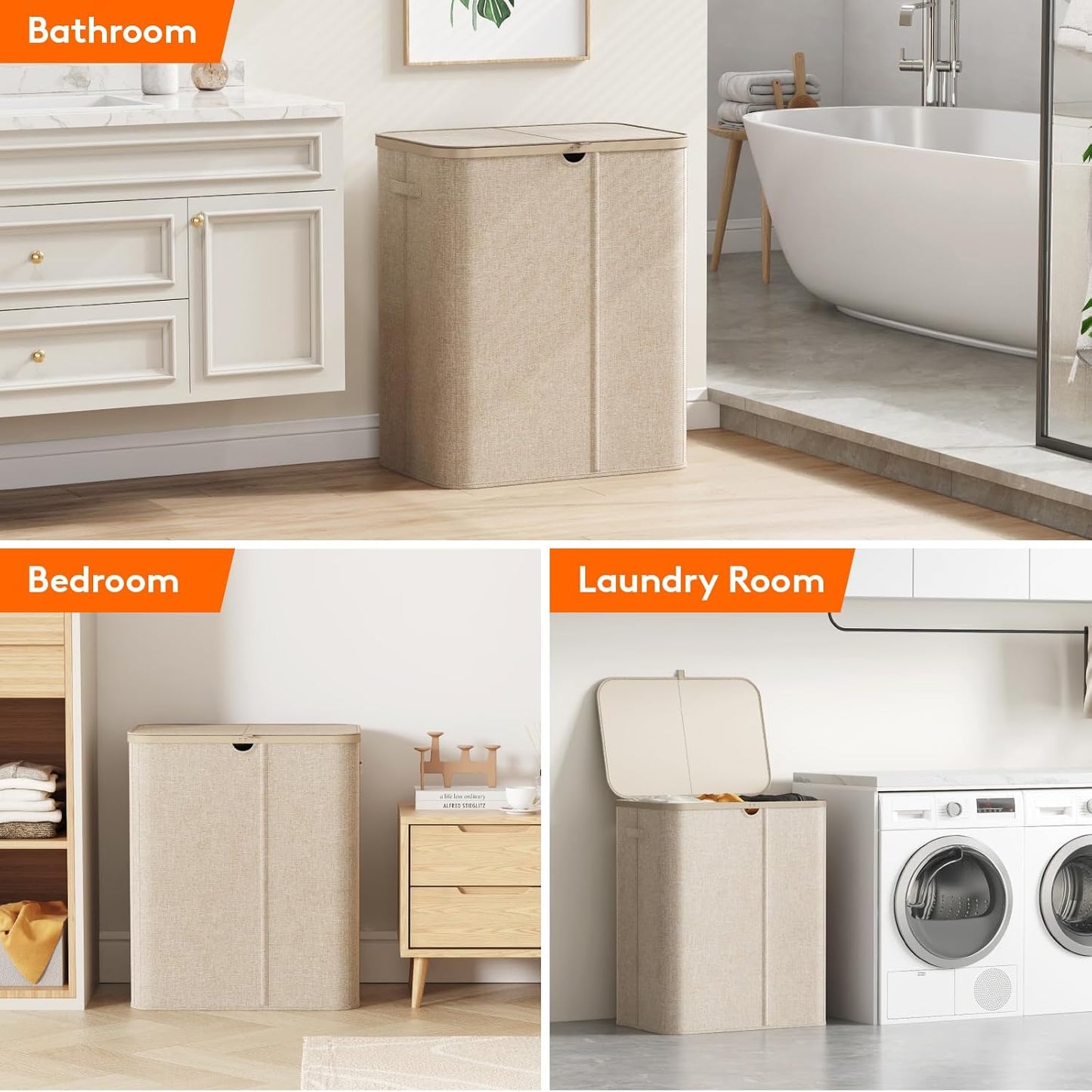 Lifewit 185L 3 Section Laundry Hamper with Lid, Laundry Basket, Beige | Large Foldable Laundry Sorter with 3 Removable Bags, Tall Clothes Hamper for Bedroom and Bathroom