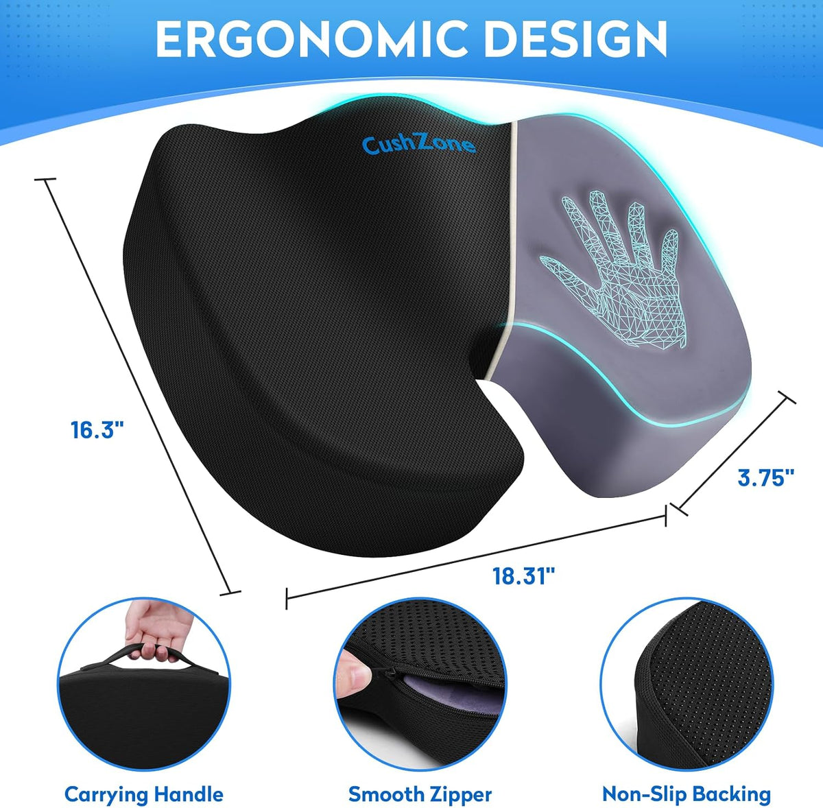 CushZone Seat Cushion Memory Foam Chair Pad for Office & Car, Black
