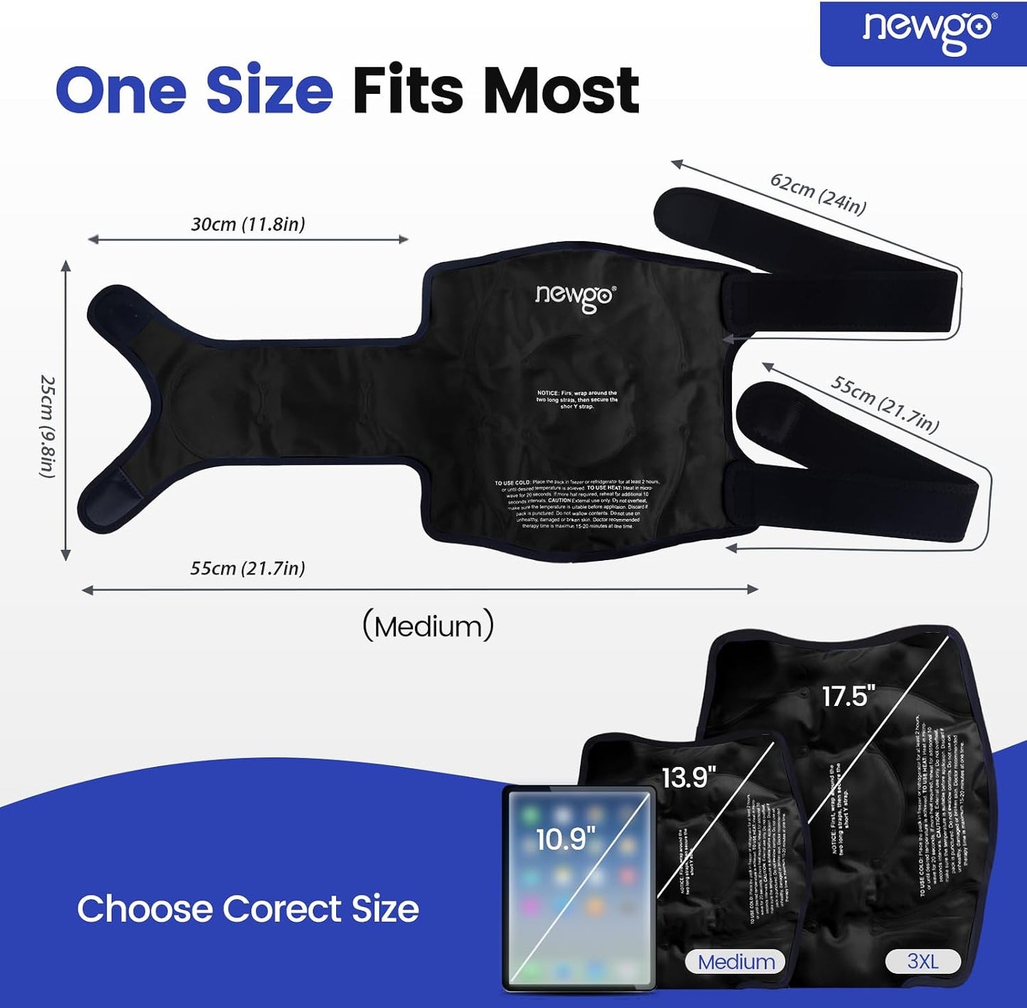 NEWGO Knee Ice Pack Wrap, 360° Full Wrap, Blue | Y-shaped Strap Stays Put, Reusable for Knee Replacement, ACL, Arthritis, Swelling, and Sports Injuries, 21.7" x 9.8"