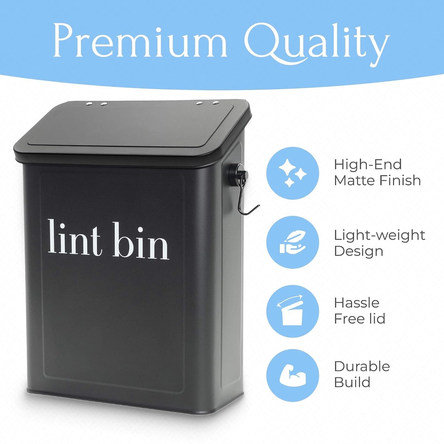 Magnetic Laundry Lint Bin for Dryer | Wall-Mounted Small Trash Can for Laundry Room | Includes Magnetic Hook & Lint Brush | Space-Saving Magnetic Laundry Trash Can | Matte White