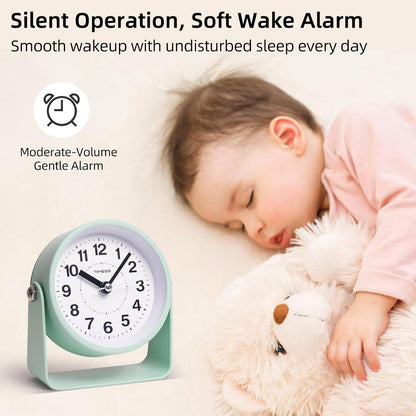 Analog Alarm Clock, Silent Non-Ticking Quartz Movement, Battery-Operated with Snooze & On-Demand Light, Easy to Set Gentle Wake Bedside Desk Clock, Ideal for Home, Travel, Office (Gray)