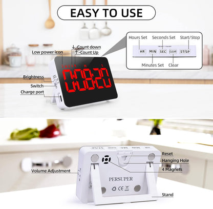 PERSUPER Kitchen Digital Timer, Count Down Up, Rechargeable, Vibration Mode