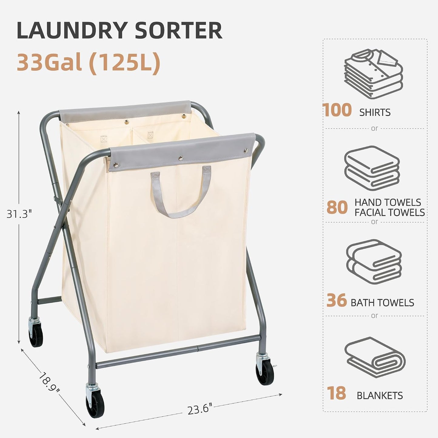 STORAGE MANIAC 160L Collapsible Laundry Hamper with Wheels, Rolling Laundry Basket, Heavy Duty Cloth Sorter with Removable Bag, Folding X Frame Clothes Organizer Cart for Easy to Store, 3 Section