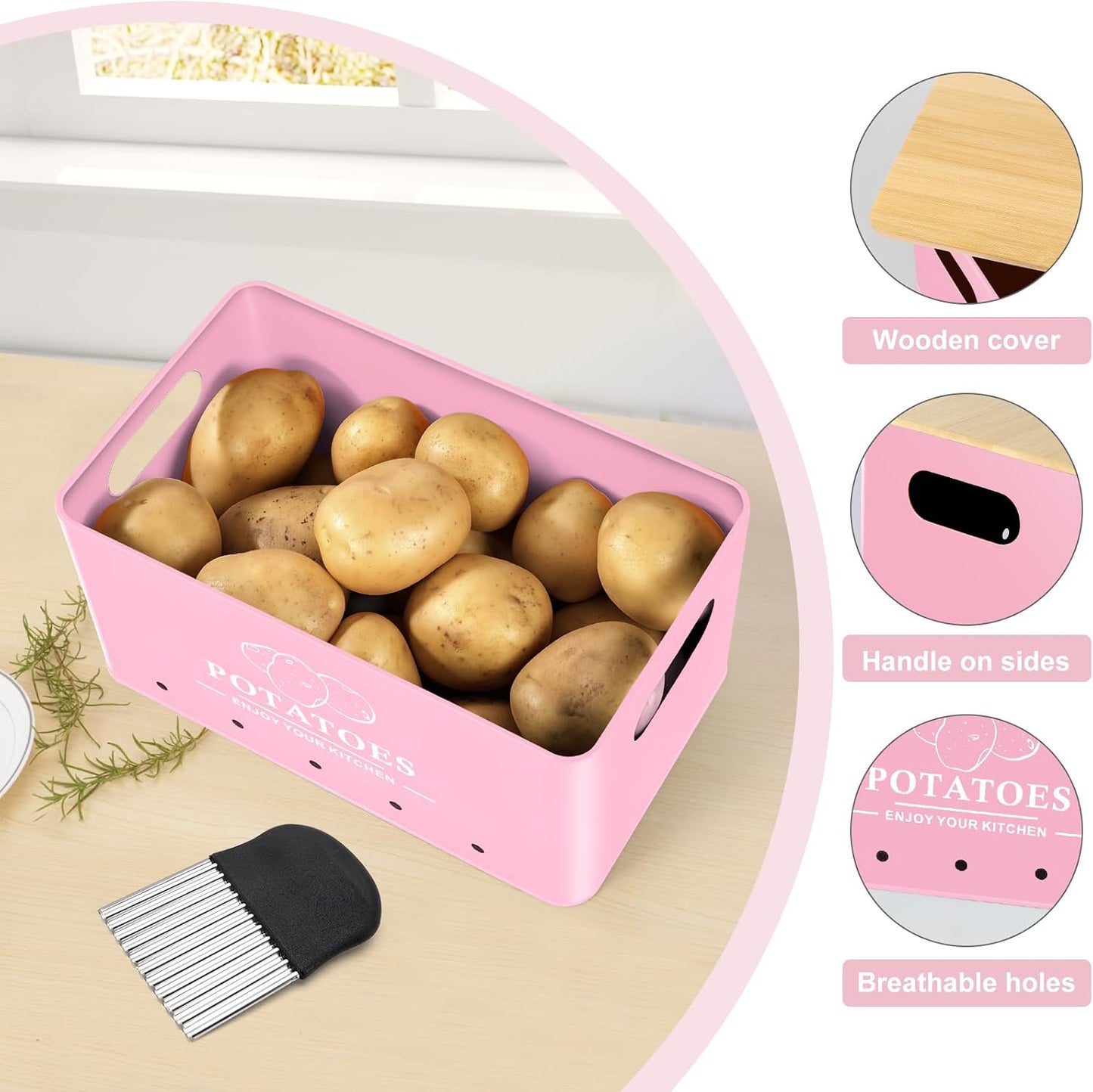 Kitchen Vegetable Storage Set of 3, Metal Onion Garlic Potato Storage Set, Kitchen Canisters Vegetable Keeper Containers with Aerating Holes and Bamboo Lid,Black