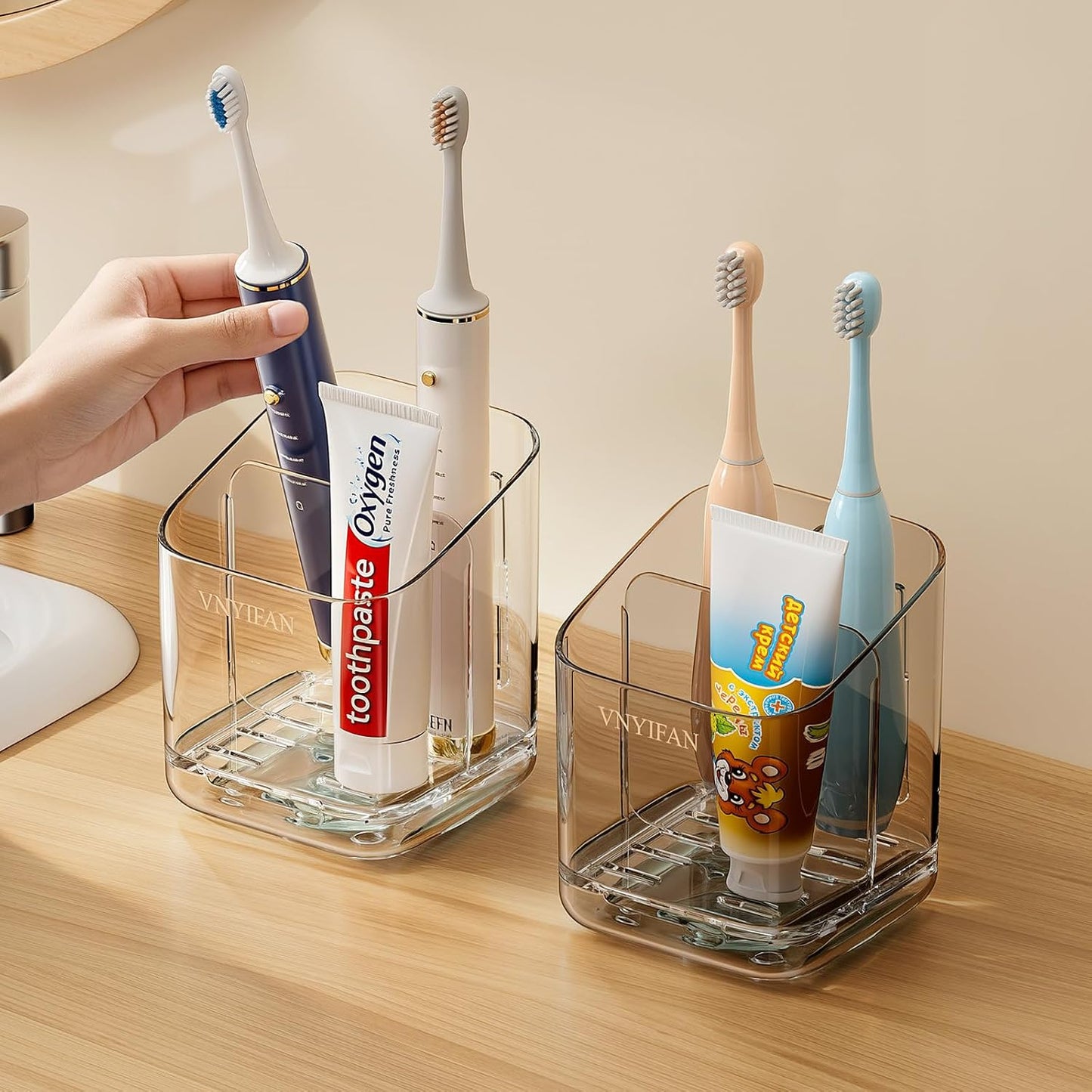3 Slots Toothbrush Holders with Detachable Dividers for Bathrooms | Toothbrush Holder Wall Mounted with Drip Tray, Electric Tooth Brush and Toothpaste Holder Organizer for Bathroom Countertop