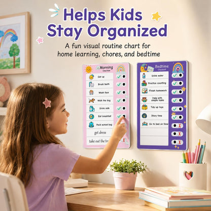 2PCS Magnetic Visual Chore Chart for Kids, Schedule Checklist for Kids, Kids to Do Task (1 Morning Checklist Boards, 1 Bedtime Checklist Boards) (Pink)