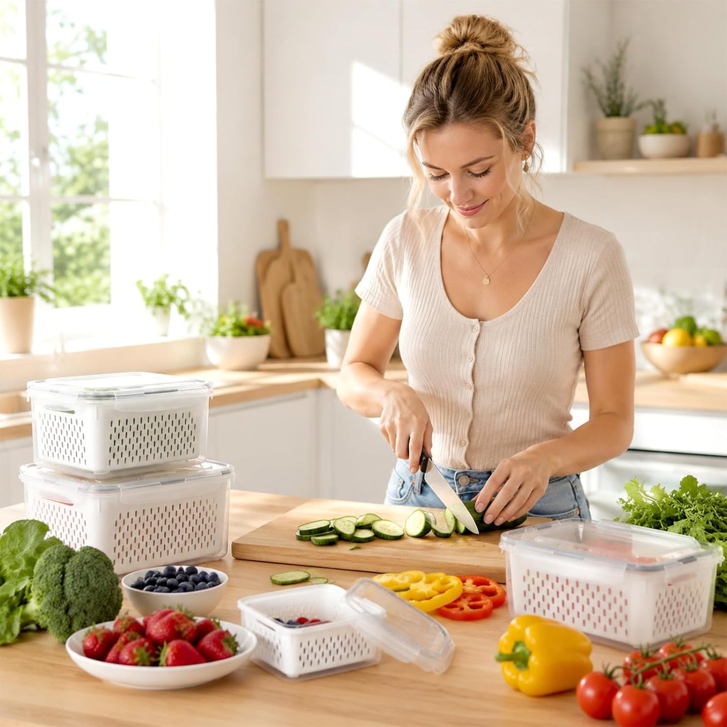 3 PCS Fruit Storage Containers for Fridge with Removable Colander | Berry Produce Storage Containers for Fridge with Strainer Lid Leakproof Containers Keep Fruits Vegetables Berry Fresh longer