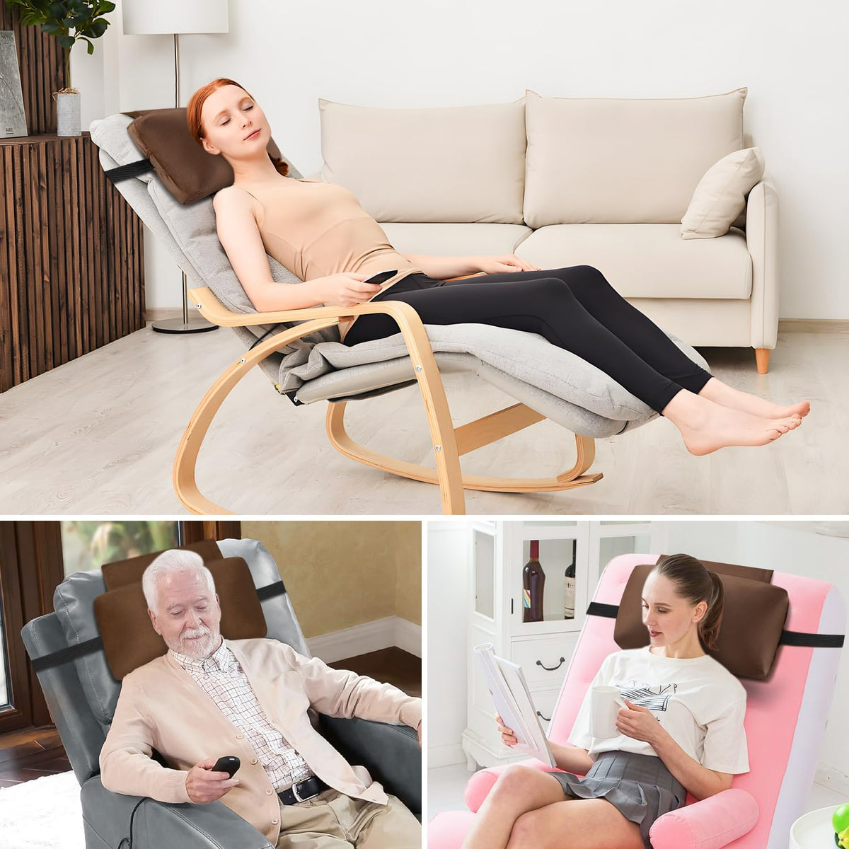 Head Recliner Pillow Adjustable Shredded Memory Foam Headrest Pillows for Recliner Chairs,Non-Slip Velvet Cushion for Pain Relief Neck Support Pillow for Travel Home Sofa Armchair with Zipper Cover