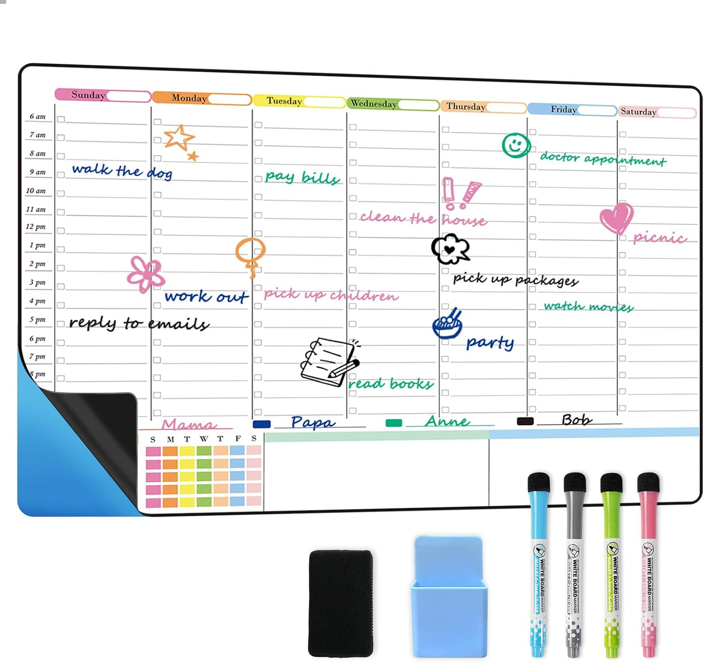 POPRUN Dry Erase Weekly Calendar Whiteboard, Magnetic Hourly Schedule Board | 16.9 x 11" Weekly Planner for Fridge, Time Slots, Family Daily Planning for Refrigerator, Homeschool, Work