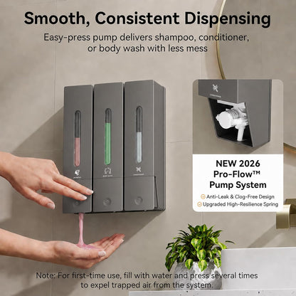 Shampoo and Conditioner Dispenser - Wall-Mounted 3-Chamber Shower Soap Dispenser, No-Drill, 1200ML Capacity, for Bathroom & Hotel