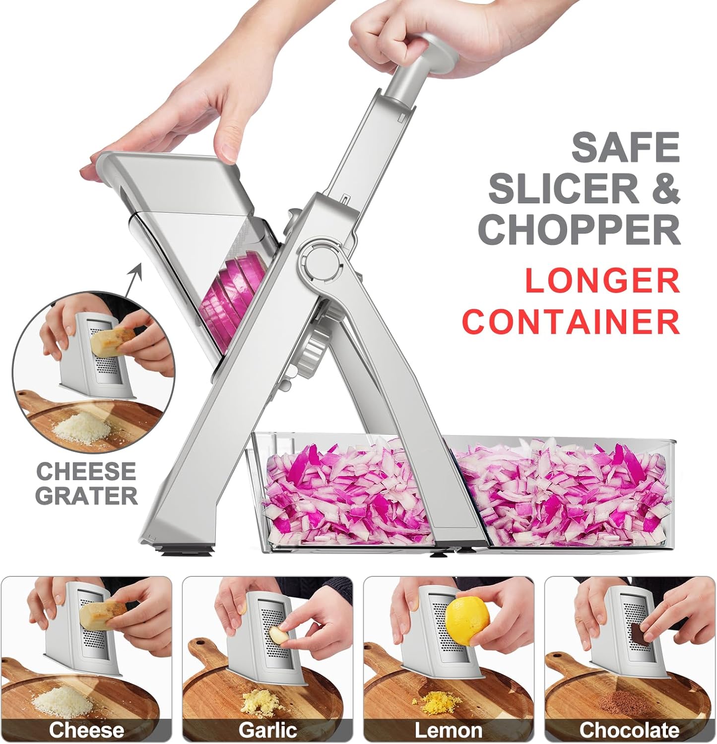 SupMaKin Safe Mandoline Slicer for Kitchen,Adjustable Potato Slicer 1-8 mm | 4 Modes Slice, Strips,Julienne Dicer,Vegetables Slicer Fry Food Cutter,Stainless Steel Blades, Foldable Dishwasher Safe,Gifts