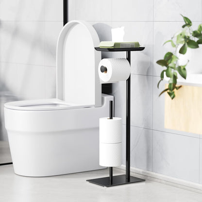 Toilet Paper Holder Stand with Top Storage Shelf | Free Standing Toilet Roll Dispenser for Bathroom, Holds 4 Reserve Rolls, Silver