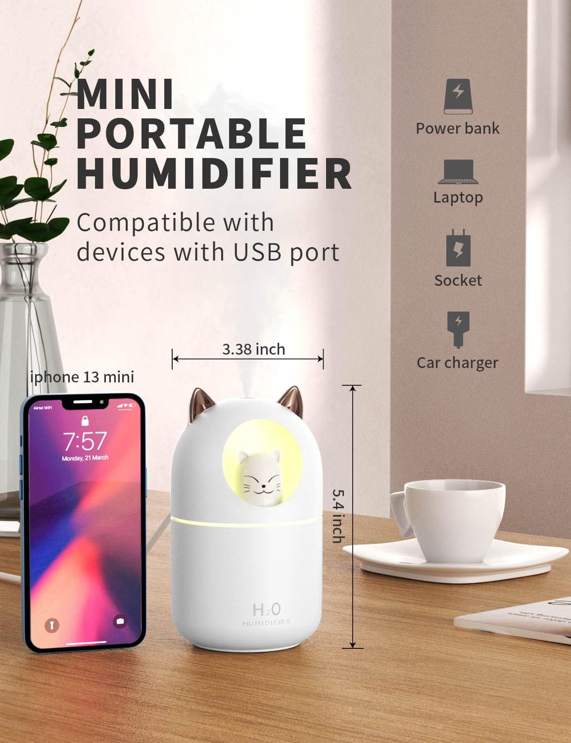 Cool Mist Humidifier,300ml Mini Humidifiers with Night Light,Waterless Auto-Off Air Humidifier,20dB Quiet Humidifiers for Bedroom,Car, Plant for Girl Boy