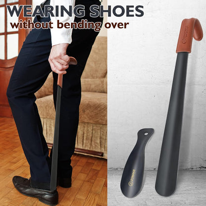 ZOMAKE Shoe Horn Long Handle for Seniors Men Women, Metal Shoehorn 2Pack | 16.5" Long Boot Horn, Travel Small Shoe Spoon Helper 7.5", Sturdy Stainless Steel, Anti-Slip Leather Grip, Shoe Protection