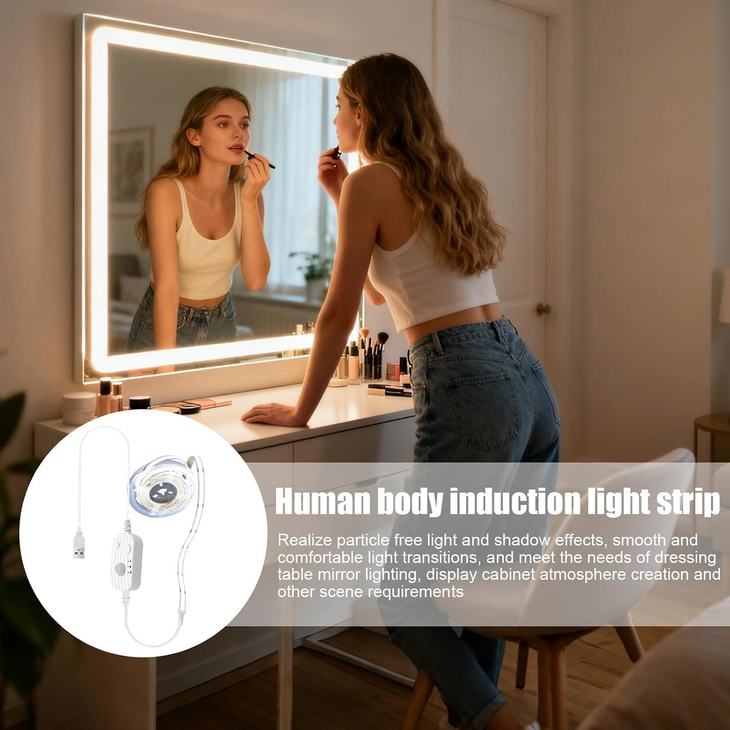 Motion Sensor Strip Light Indoor 3ft Auto Sensing USB Powered Rechargeable | Silent Indoor Wireless Stair Light Strip for Staircase Cabinet Under Bed Bedroom Bedside Dressing Table Kitchen Basemen