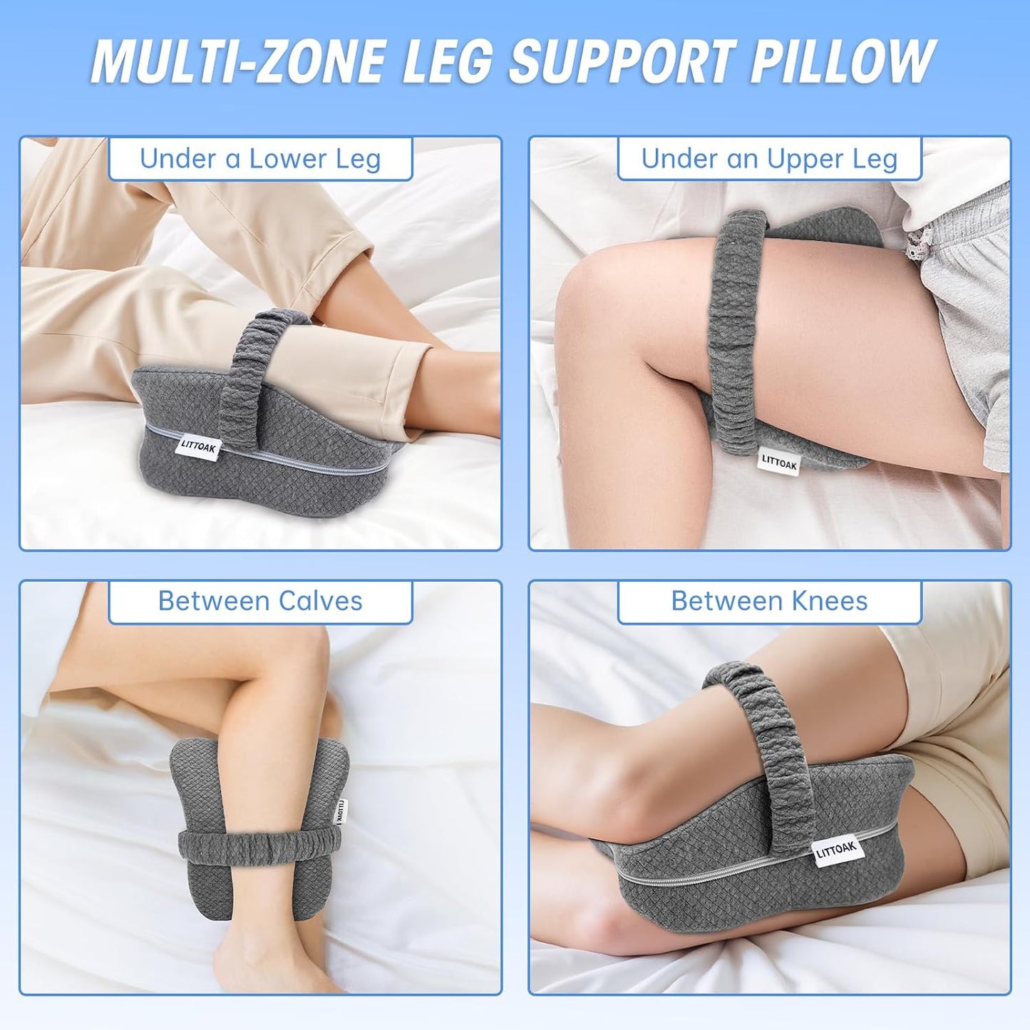 LITTOAK Knee Pillow for Side Sleepers & Sciatica Pain Relief | Leg Pillow for Side Sleeping with Detachable and Adjustable Strap, Two Covers, Blue& Grey, One Pillow Only