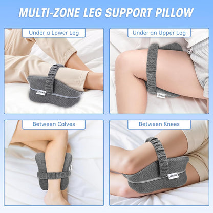 LITTOAK Knee Pillow for Side Sleepers & Sciatica Pain Relief | Leg Pillow for Side Sleeping with Detachable and Adjustable Strap, Two Covers, Blue& Grey, One Pillow Only