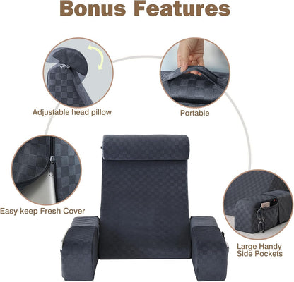 Vekkia 19'' Reading Pillow for Adults with XL Side Pockets, Adjustable Arms | 45° Back Support Chair for Sitting in Bed, Washable Cover, Perfect for Gaming, Watching TV, Relaxing, or Recovery, Gift Idea