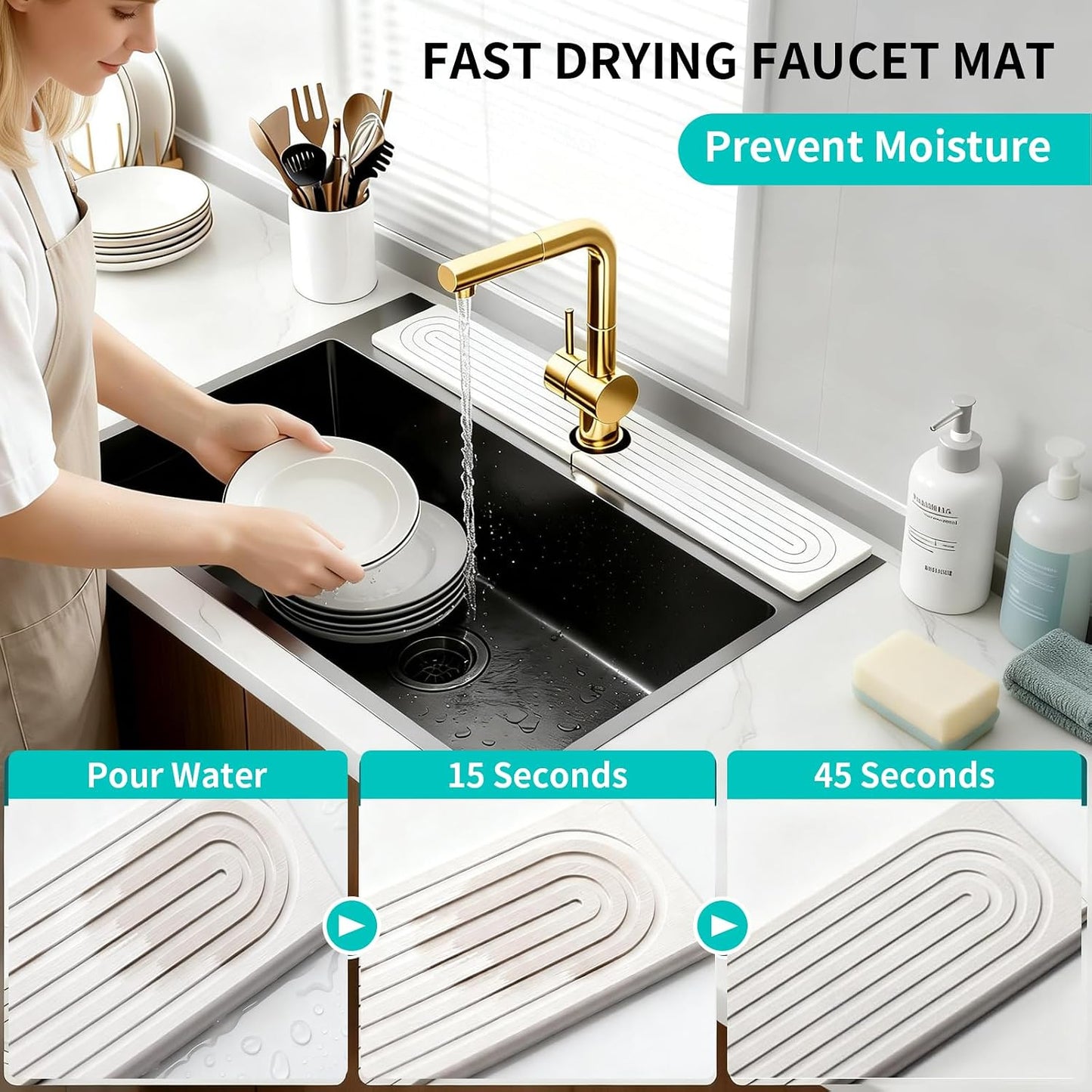 Absorbent Stone Faucet Mat for Kitchen Sink - 15.8" x 4" Diatomite Stone Sink Tray, Quick Dry Bathroom Sink Splash Guard Behind Faucet, Water Catcher Counter Protector (White)