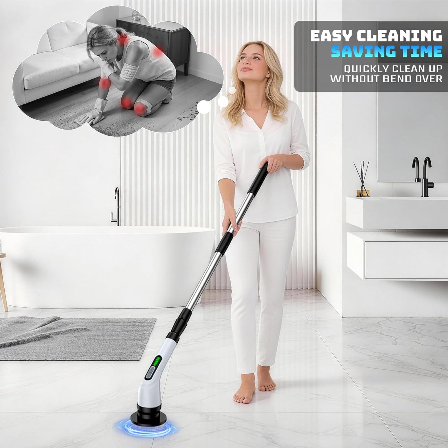 Electric Spin Scrubber, 2-Speed Cleaning Brush, Extendable Handle (White) | Includes 7 reusable brush heads and an IPX7-rated design for cleaning bathrooms, showers, kitchens, tile, floors, and grout