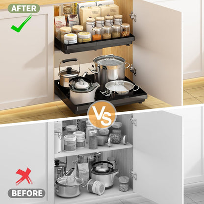 DOMNIU Pull Out Cabinet Organizers Expandable,White,16.9"Depth,2 Pack | Slide Out Drawers for Kitchen, Bathroom, Pantry, Under Sink Storage, Fixed with Adhesive Nano Film (11.6''-17.5'')