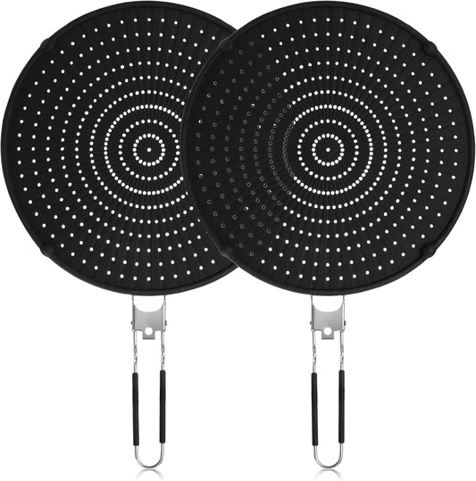 Frcctre 2 Pack Silicone Splatter Screen for Frying Pan, 13" Versatile Grease Splatter Guard with Foldable Handle, Food Grade Heat Resistant Oil Splash Guard, Cooling Mat, Drain Board for Cooking