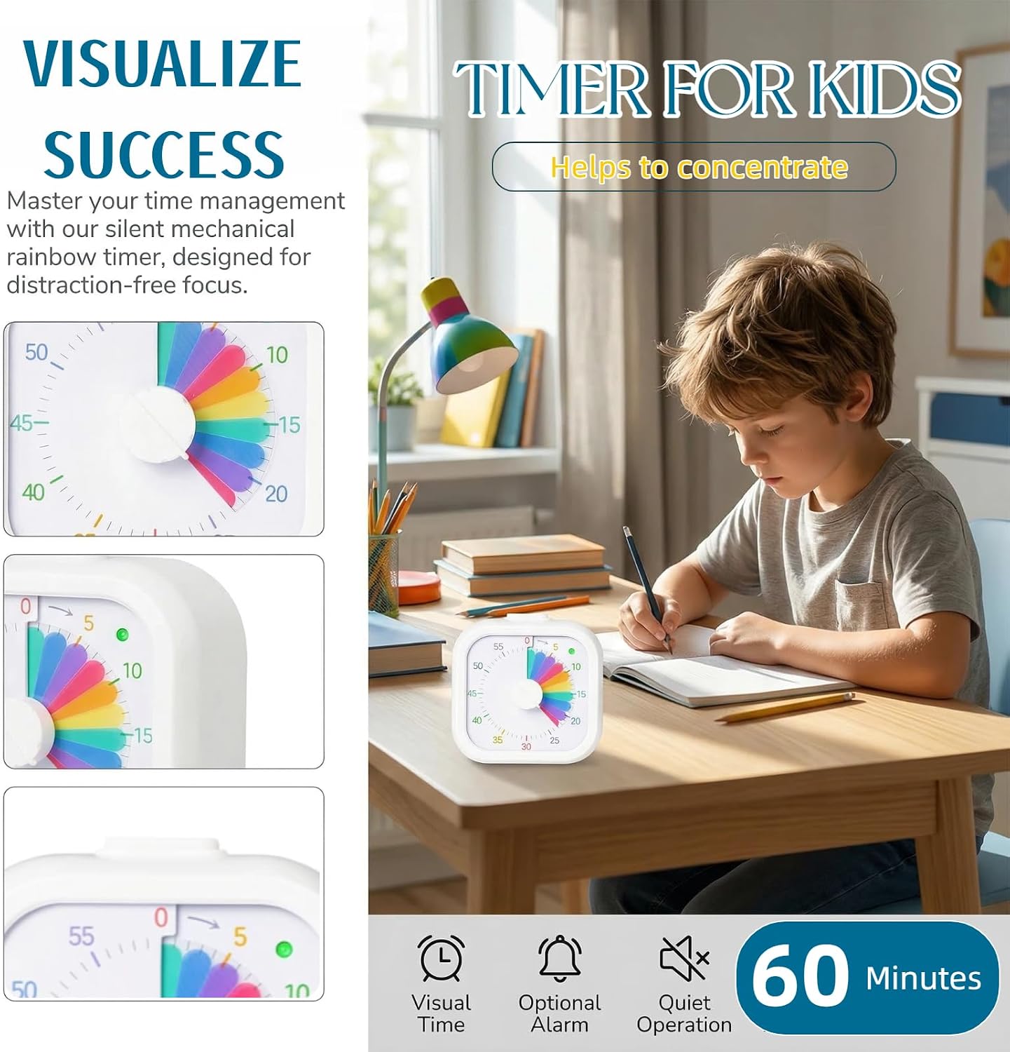 Visual Timer with Rainbow Pattern, 60-Minute Countdown Timer for Kids and Adults, Silent Pomodoro Timer for Classroom, Kitchen, Office & Teaching, Time Management Tool (White)