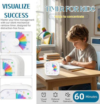 Visual Timer with Rainbow Pattern, 60-Minute Countdown Timer for Kids and Adults, Silent Pomodoro Timer for Classroom, Kitchen, Office & Teaching, Time Management Tool (White)
