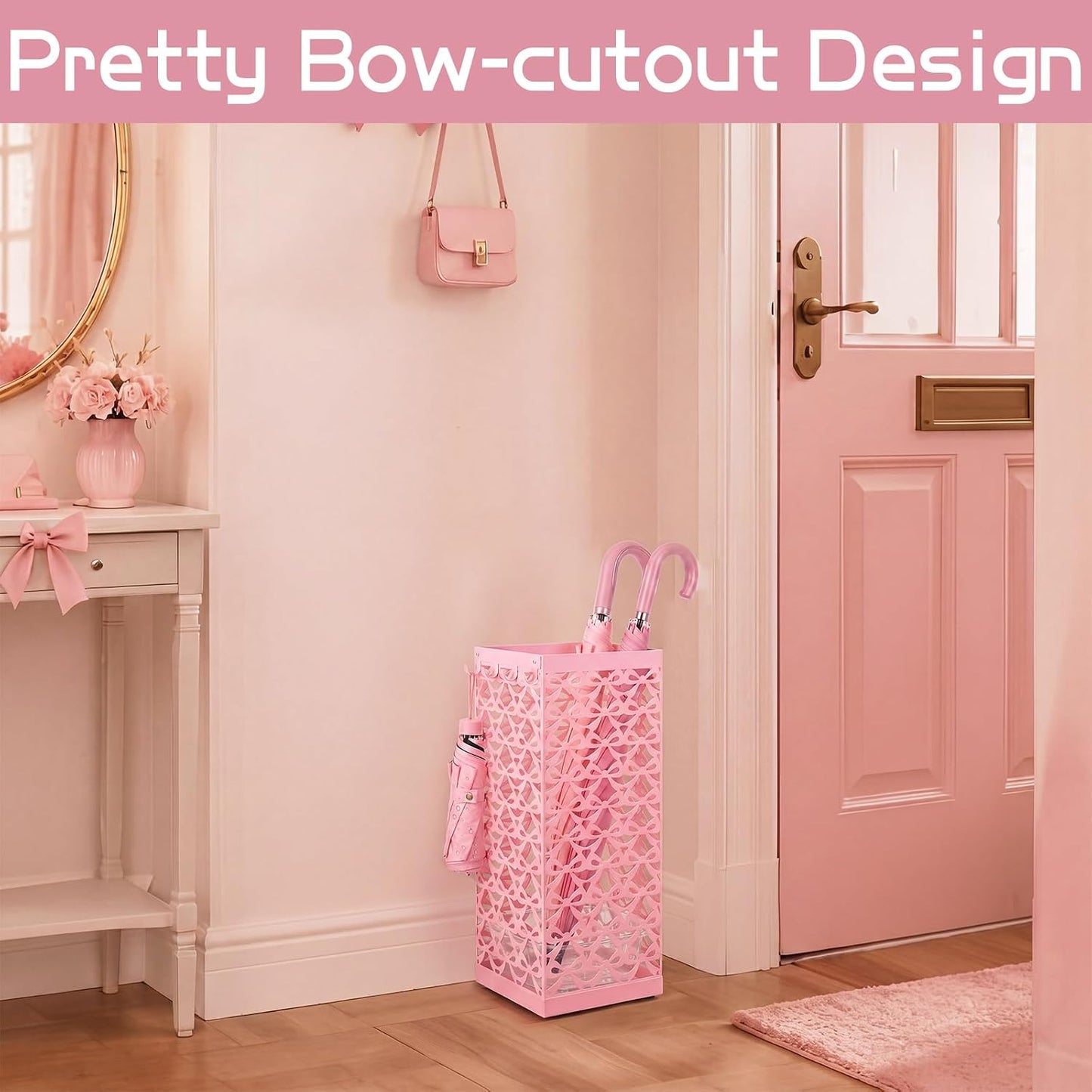 Hicarer Pink Bow Umbrella Holder for Entryway Umbrella Stand with Removable Drip Tray & 4 Hooks Cute Coquette Square Freestanding Walking Sticks Storage Bin for Home Hallway, 16 x 6.3 x 6.3 Inch