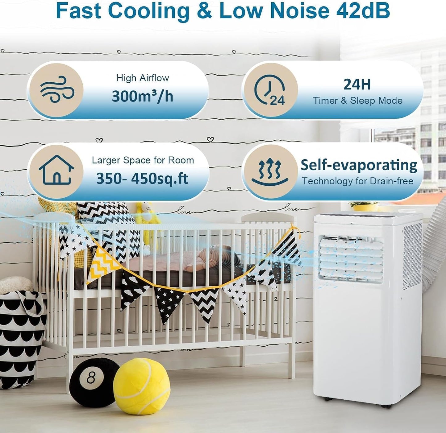 10000 BTU Portable Air Conditioner, 3 In1 Cooling Dehumidifier Fan, Quiet Fast Cooling, 4 Way Swing, LED Display, Remote, 24H Timer, 360° Wheels, Window Kit, Cools Rooms Up to 450 Sq.ft