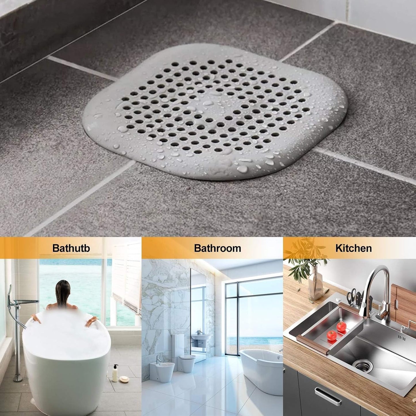 Bovinde Hair Drain Catcher,Square Cover for Shower 2 Pack (Black) | Drainer Cover Silicone Hair Stopper with Suction Cups,Protector Accessories,Easy to Install Suit for Bathroom,Bathtub,Sink