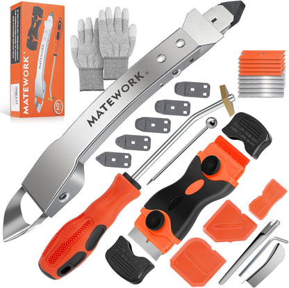 Matework Complete Caulking Tool Kit, 4 in 1 Stainless Steel Caulk Remover | Caulk Finishing Tool, Grout Removal, Scraper, Cut Resistant Gloves, for Bathroom Shower Kitchen Living Room, Home Repair