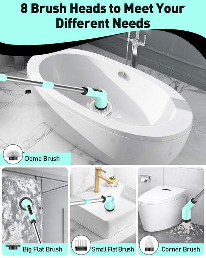 Electric Spin Scrubber for Bathroom, Shower Scrubber with Long Handle | Shower Cleaner Brushes, IPX7 Waterproof & 2 Speed, 3 Brush Heads, 90min Runtime, Bathroom Cleaning Supplies for Toilet Tub