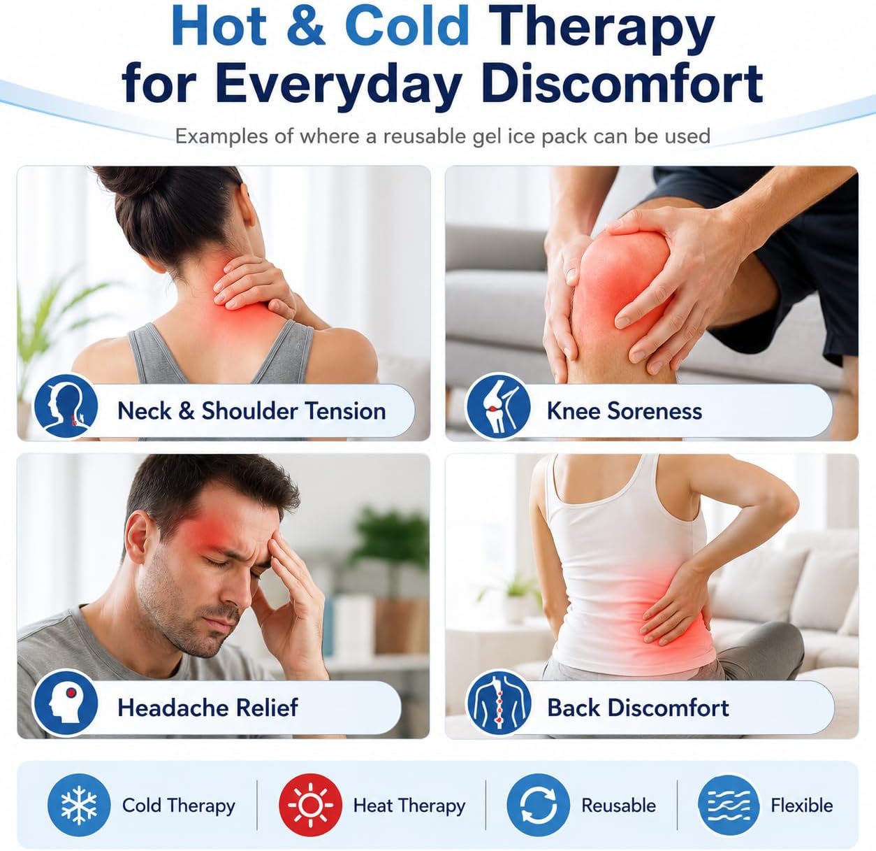 Soft Gel Ice Pack Wrap 12"x4.7" | Reusable, Hot Cold Therapy, Head Neck
