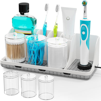 Bathrooms Toothbrush Holder Set with 3 PCS Qtip Holder (Wood Grain) | Easy to clean, Drainage, Detachable, Non-Slip, Kids Electric Toothbrush and Toothpaste Holder for Bathroom Counter Organizer