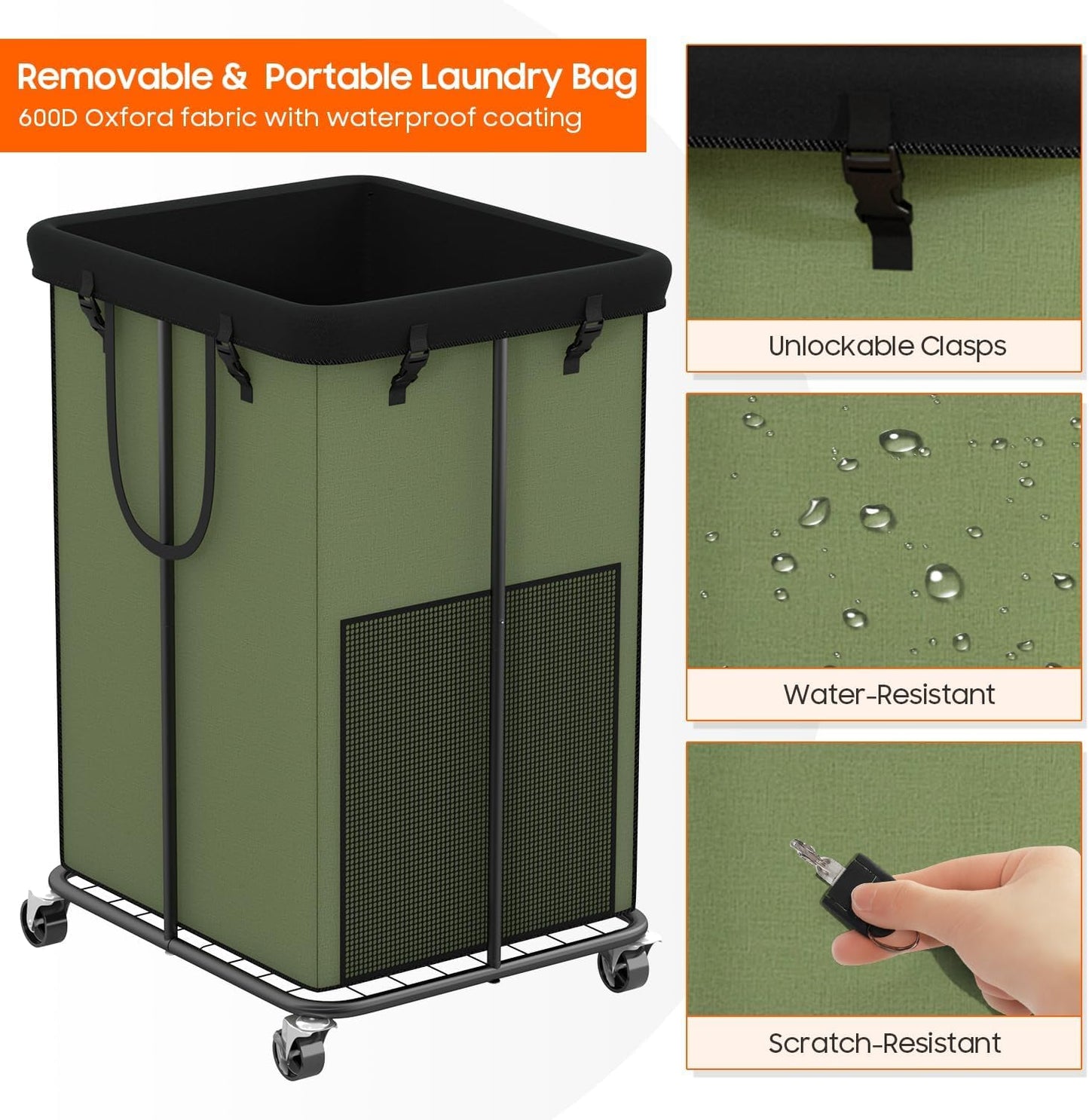 Laundry Hamper with Wheels, 150L Rolling Laundry Basket with Bag & Handles | Sturdy Metal Frame | Removable Bag | Large & Tall Dirty Clothes Hampers for Laundry Room, Bedroom, Dorm, Bathroom-Black