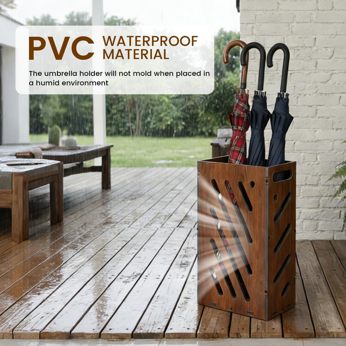 Faux Wood Umbrella Stand for Entryway, Free Standing Indoor Holder | Waterproof PVC cane rack and rain gear organizer with removable drip tray. Elegant decorative accent for home or lobby.