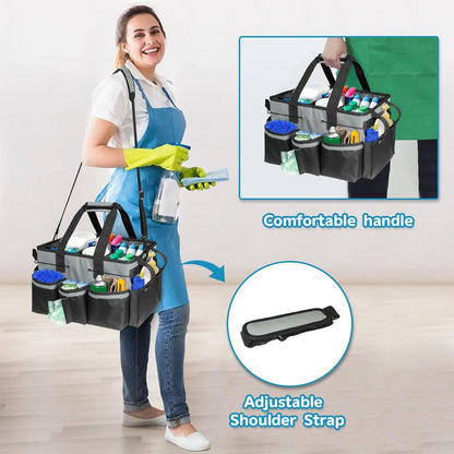 Cleaning Caddy Tote with Removable Dividers - 17.8x12.2x9.3in Waterproof Tool Organizer Bag with Handles & Adjustable Shoulder Strap for Housekeepers, Cleaners & Car Detailing Supplies (Pink)
