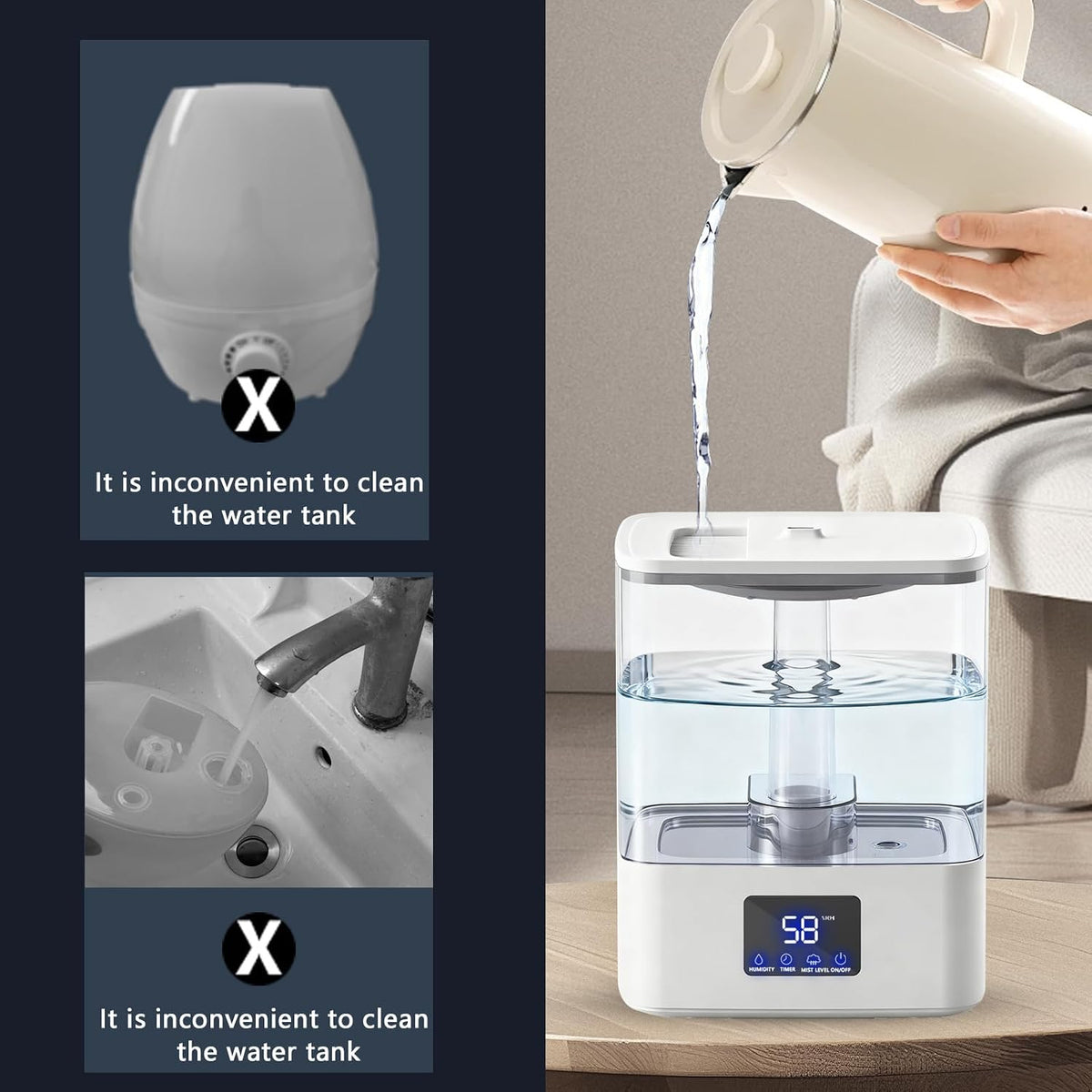 KZF 4L Top Fill Humidifiers for Bedroom & 60H Runtime - Cool Mist Humidifier, 3 Mist Levels, 8H Timer, Essential Oil Tray, Humidity Display, Quiet for Bedroom, Baby, Plants, Large Room